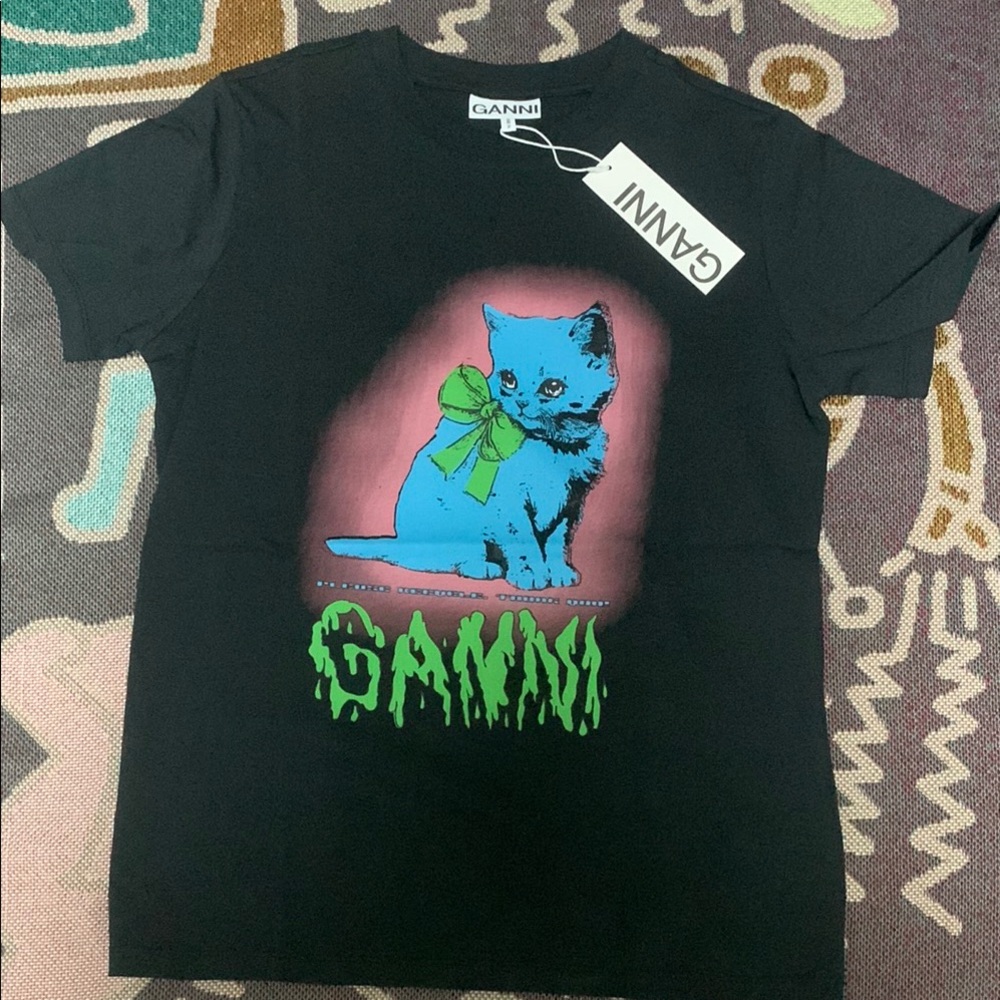 Ganni Black Tee with Pink Halftone & Blue Accent